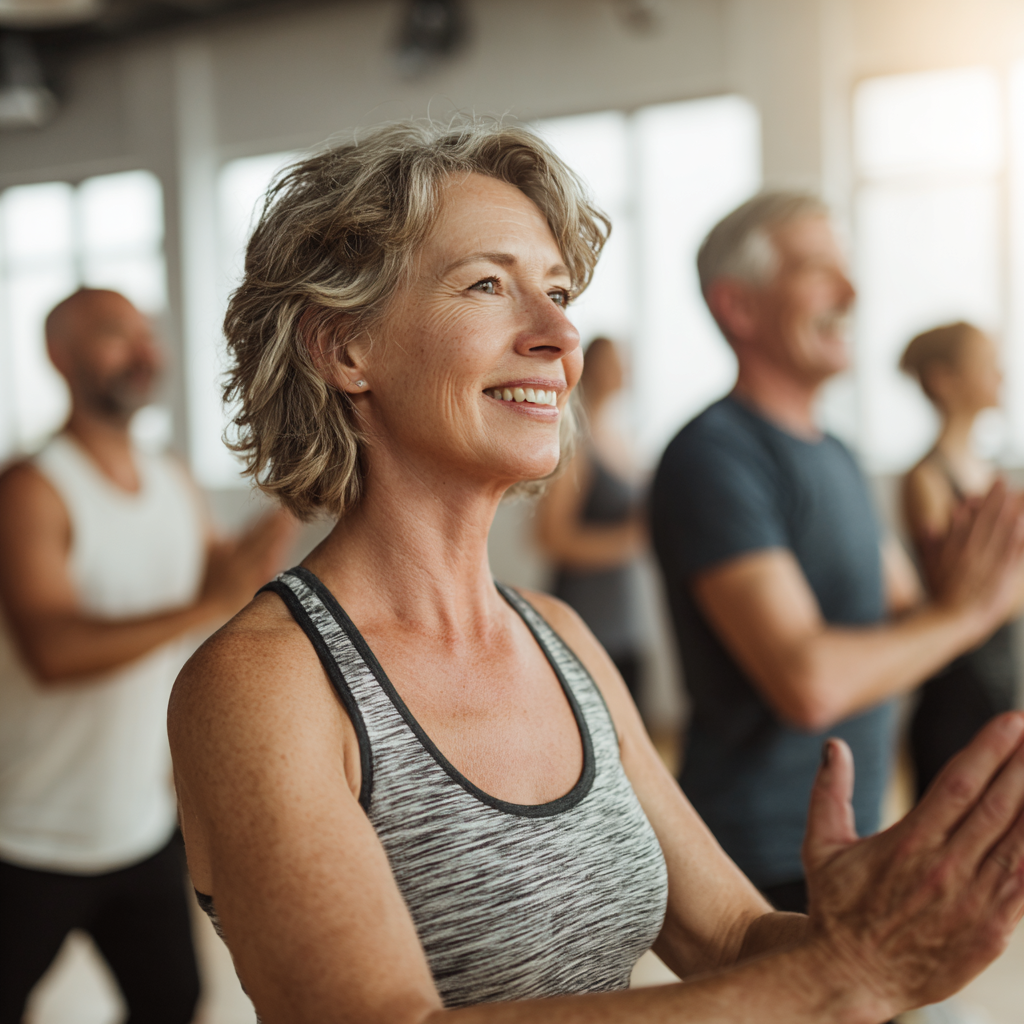 Mature adults enjoying group fitness session in bright studio