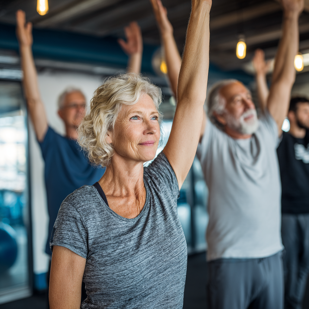 Senior adults participating in guided stretching and strength exercises in modern fitness facility